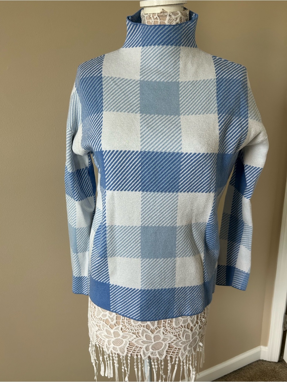Tahari Blue and White Plaid Turtleneck Sweater